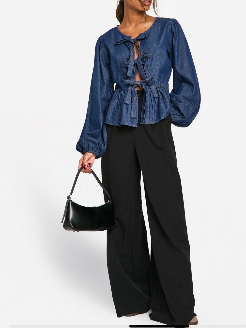 Women’s Denim Tie-Front Peplum‎ Puff Long Sleeve Babydoll Top Blouse Jacket S